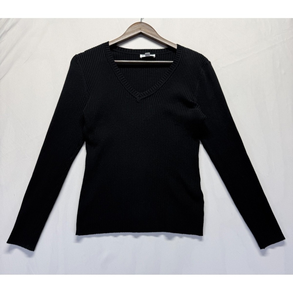 St. John's Bay Sweater Womens Medium Black Cotton Tight Knit Ribbed V Neck Warm